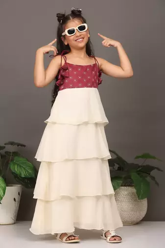 Ethnovog Ready To Wear Kids Girls Maroon Art Silk Printed N Off White Layered Dress