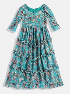 Ethnovog Ready To Wear Kids Girls Turquoise Chinon Ruching Style Gown 1