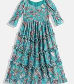 Ethnovog Ready To Wear Kids Girls Turquoise Chinon Ruching Style Gown