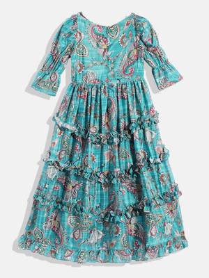 Ethnovog Ready To Wear Kids Girls Turquoise Chinon Ruching Style Gown 2