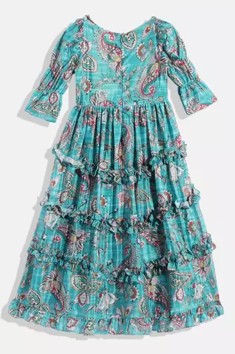 Ethnovog Ready To Wear Kids Girls Turquoise Chinon Ruching Style Gown