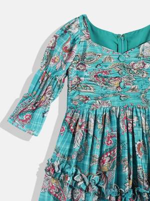 Ethnovog Ready To Wear Kids Girls Turquoise Chinon Ruching Style Gown 3