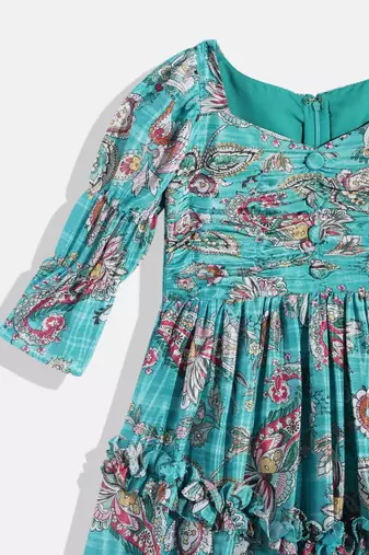 Ethnovog Ready To Wear Kids Girls Turquoise Chinon Ruching Style Gown