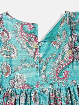 Ethnovog Ready To Wear Kids Girls Turquoise Chinon Ruching Style Gown 4
