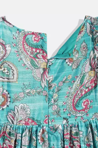 Ethnovog Ready To Wear Kids Girls Turquoise Chinon Ruching Style Gown