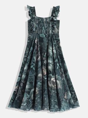 Ethnovog Ready To Wear Kids Girls Green Digital Printed Georgette Gown 1