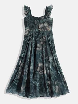 Ethnovog Ready To Wear Kids Girls Green Digital Printed Georgette Gown 2