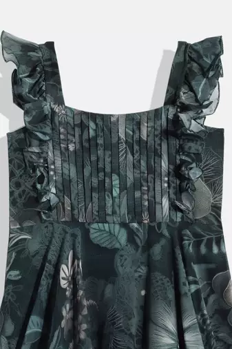 Ethnovog Ready To Wear Kids Girls Green Digital Printed Georgette Gown