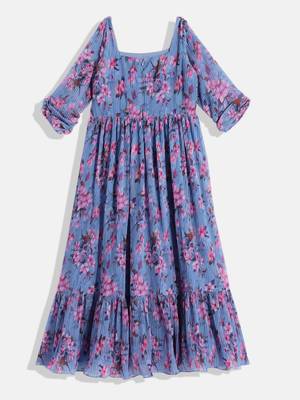 Ethnovog Ready To Wear Kids Girls Blue Digital Printed Georgette Pleated Gown 1