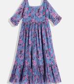 Ethnovog Ready To Wear Kids Girls Blue Digital Printed Georgette Pleated Gown