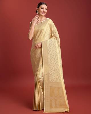 Beige Kanjivaram silk blend zari work saree 1