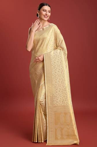 women's elegant silk Blend saree indian attire in golden beige color