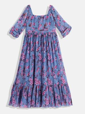 Ethnovog Ready To Wear Kids Girls Blue Digital Printed Georgette Pleated Gown 2