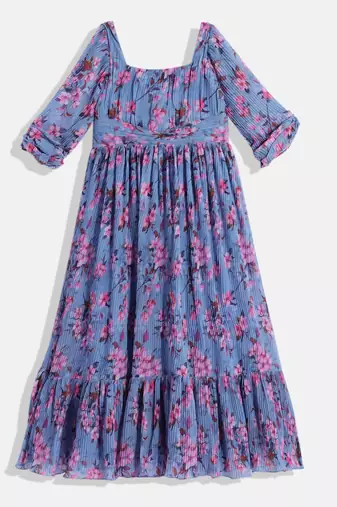 Ethnovog Ready To Wear Kids Girls Blue Digital Printed Georgette Pleated Gown