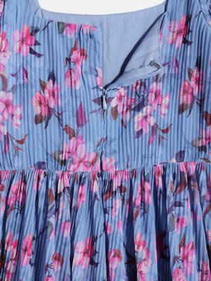 Ethnovog Ready To Wear Kids Girls Blue Digital Printed Georgette Pleated Gown 3