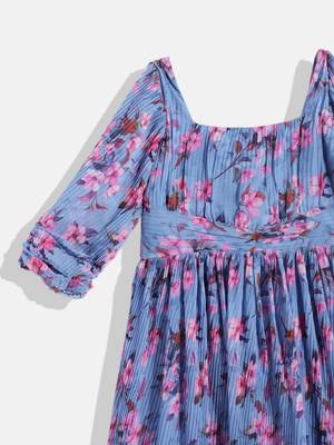 Ethnovog Ready To Wear Kids Girls Blue Digital Printed Georgette Pleated Gown 4