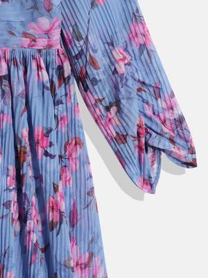 Ethnovog Ready To Wear Kids Girls Blue Digital Printed Georgette Pleated Gown 5