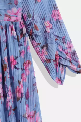 Ethnovog Ready To Wear Kids Girls Blue Digital Printed Georgette Pleated Gown
