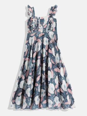 Ethnovog Ready To Wear Kids Girls Teal Blue Digital Print Chinon Gown 1