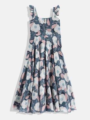 Ethnovog Ready To Wear Kids Girls Teal Blue Digital Print Chinon Gown 2