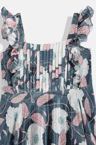 Ethnovog Ready To Wear Kids Girls Teal Blue Digital Print Chinon Gown