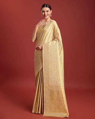 Beige Kanjivaram silk blend zari work saree 2
