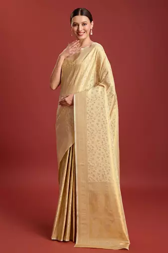 Beige Kanjivaram silk blend zari work saree