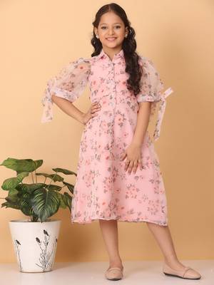 Ethnovog Ready To Wear Kids Girls Pink Digital Printed Organza Kurti 3