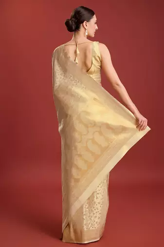 Beige Kanjivaram silk blend zari work saree