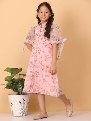 Ethnovog Ready To Wear Kids Girls Pink Digital Printed Organza Kurti 4