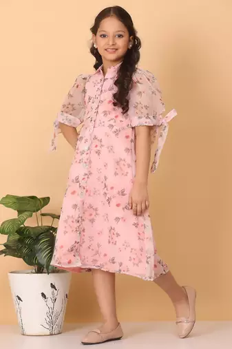Ethnovog Ready To Wear Kids Girls Pink Digital Printed Organza Kurti