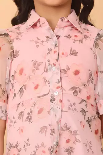 Ethnovog Ready To Wear Kids Girls Pink Digital Printed Organza Kurti