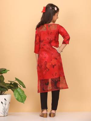 Ethnovog Ready To Wear Kids Girls Red Sheer Neck Organza Kurti 2