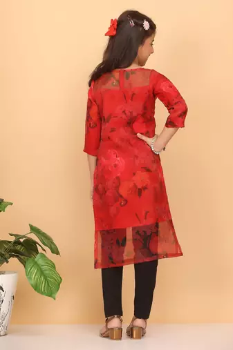 Ethnovog Ready To Wear Kids Girls Red Sheer Neck Organza Kurti