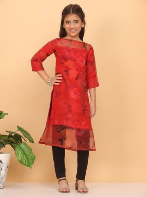 Ethnovog Ready To Wear Kids Girls Red Sheer Neck Organza Kurti 3