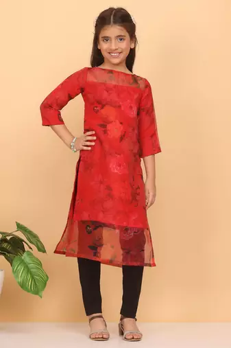 Ethnovog Ready To Wear Kids Girls Red Sheer Neck Organza Kurti