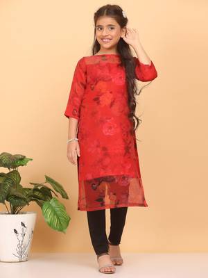 Ethnovog Ready To Wear Kids Girls Red Sheer Neck Organza Kurti 4