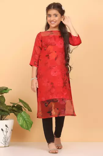 Ethnovog Ready To Wear Kids Girls Red Sheer Neck Organza Kurti
