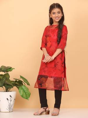 Ethnovog Ready To Wear Kids Girls Red Sheer Neck Organza Kurti 1