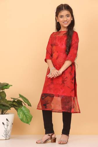 Ethnovog Ready To Wear Kids Girls Red Sheer Neck Organza Kurti