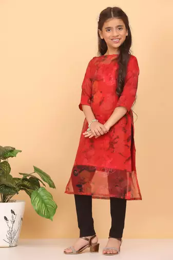 Ethnovog Ready To Wear Kids Girls Red Sheer Neck Organza Kurti