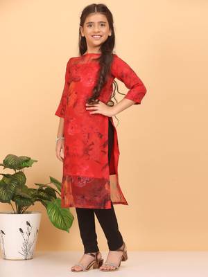 Ethnovog Ready To Wear Kids Girls Red Sheer Neck Organza Kurti 5