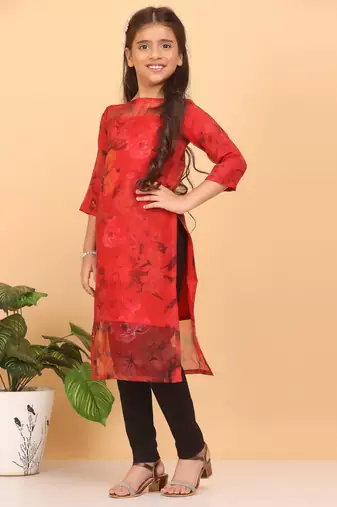 Ethnovog Ready To Wear Kids Girls Red Sheer Neck Organza Kurti
