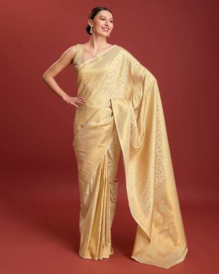 Beige Kanjivaram silk blend zari work saree 4