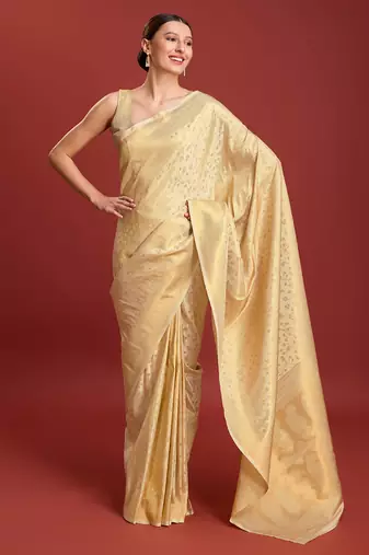 Beige Kanjivaram silk blend zari work saree