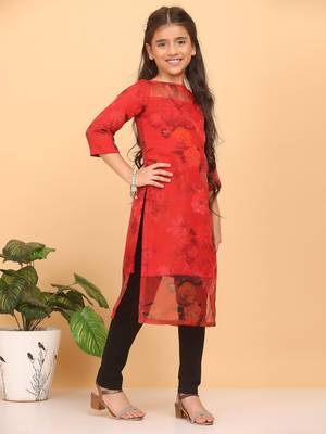 Ethnovog Ready To Wear Kids Girls Red Sheer Neck Organza Kurti 6