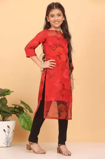 Ethnovog Ready To Wear Kids Girls Red Sheer Neck Organza Kurti