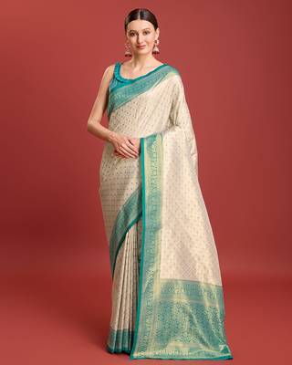 Turquoise kanjivaram silk blend zari work saree 1