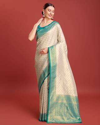 Turquoise kanjivaram silk blend zari work saree 2