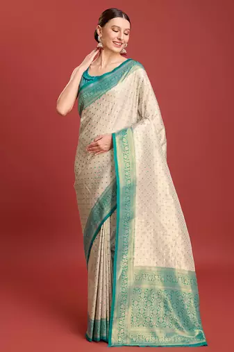 Turquoise kanjivaram silk blend zari work saree